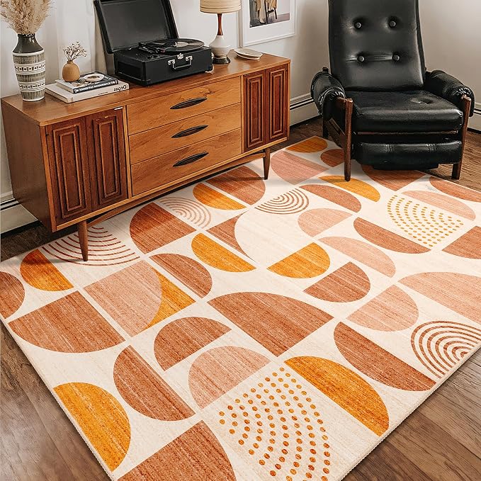 Boho Rug Washable,4x6.5 Area Rugs for Bedroom Living Room Bedside Office,Throw Floor Carpet Non Slip Soft Indoor Modern Abstract Bohemian Orange