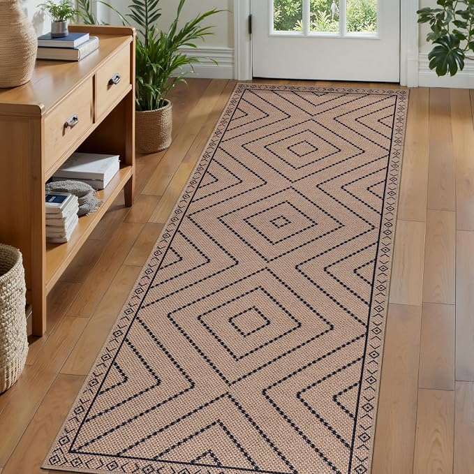 Tangsoo Easy Jute Rug 2.6x8 Washable Runner Rug for Hallways,Neutral Geometric Ultra Thin Indoor Carpet Runner Farmhouse Long Rnner Mat for Kitchen Entryway Laundry