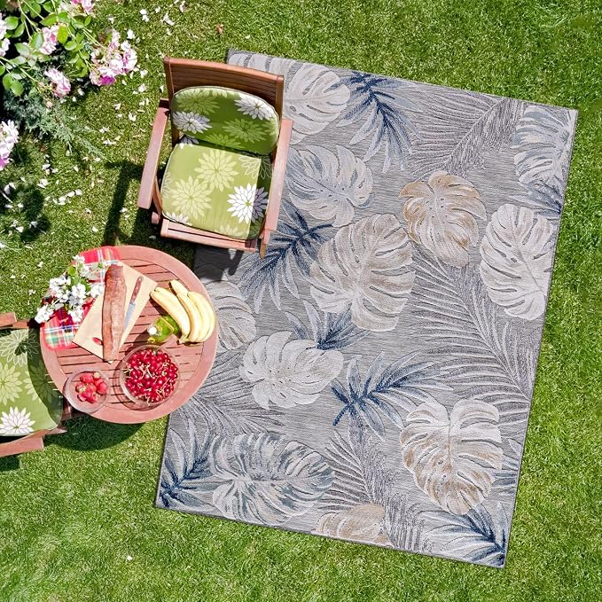 CAMILSON Indoor Outdoor Rug, Blue 9’x12’ Leaf Tropical Botanical Area Rugs for Indoor and Outdoor patios, Easy-Cleaning Non-Shedding Living Room, Garden and Kitchen Washable Outside Carpet (9x12)