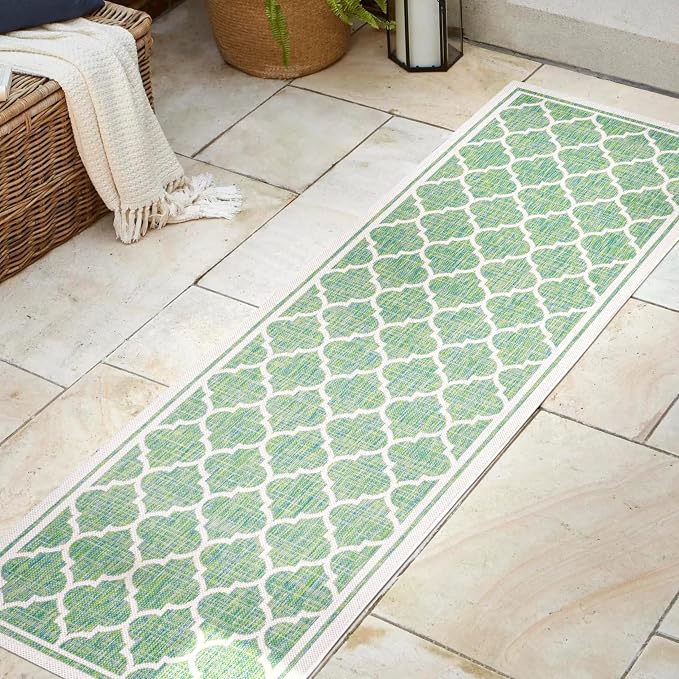 JONATHAN Y Moroccan Trellis Indoor Outdoor Runner Rug 2X8 Cream/Green, Trebol Textured Weave for Backyard, Patio, Porch, Easy-Cleaning, High Traffic, Pet-Friendly, Non-Shedding (SMB109I-28)