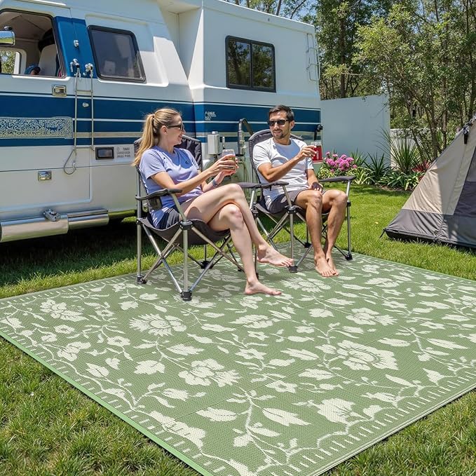 Garvee 5x8 Outdoor Patio Rug, Floral Waterproof Outdoor Rug for Camping with Portable Bag, Vintage Plastic Straw RV Rugs for Outside, Reversible Mats for Picnic Backyard Porch Balcony, Green
