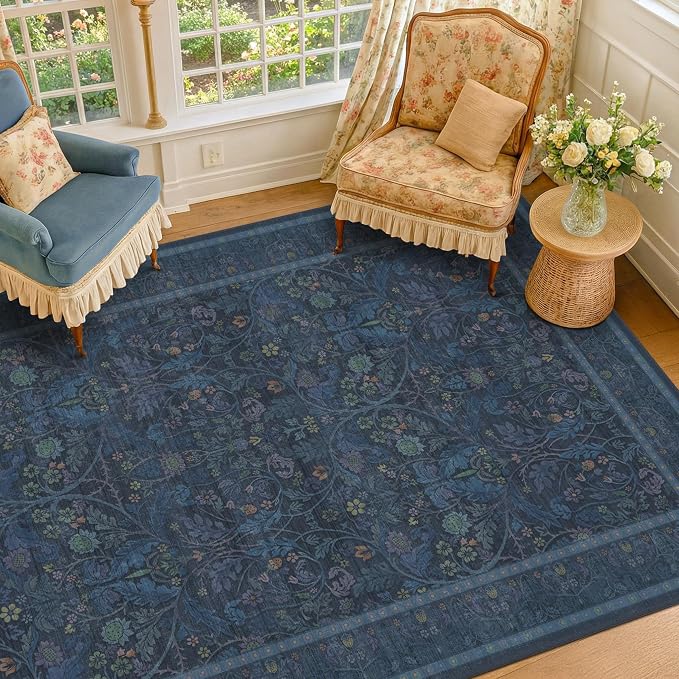 Dark Blue 5x8 Boho Living Room Rug - Small Washable Rugs for Dining Room, Non Skid & Low Pile Soft Carpet for Bedroom Under Bed, Nature Botanical Pattern Mats