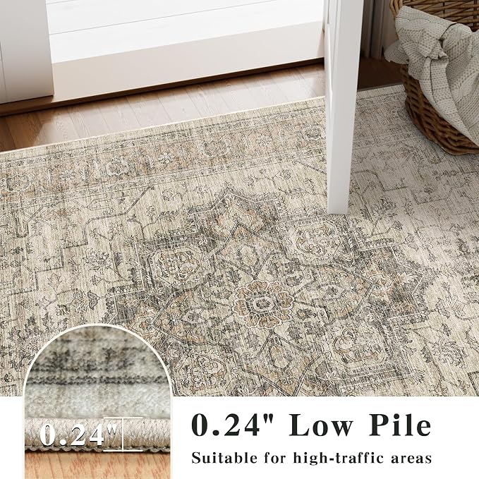 2x6 Vintage Runner Rug Low Pile Non-Slip Washable Hallway Rug | Retro Print, Non-Shedding, Soft Washable Neutral Carpet, Stain Resistant Runner, for Hallway Kitchen Bedroom Laundry Room