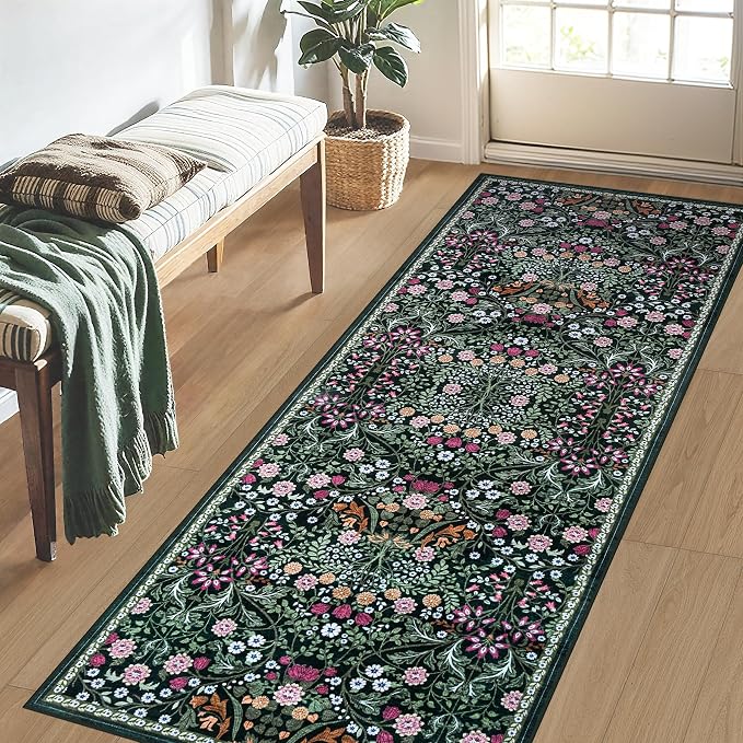 PLHXFR 2.6x8 Washable Runner Rug：Floral Indoor Kitchen Carpet Dark Green | For Hallway Bedroom Kitchen Laundry Bathroom Dorm,Vintage Floral,Machine washable,Non Slip,Stain Resistant,Indoor Floor