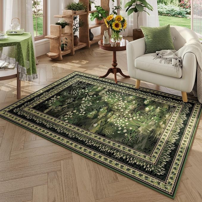 Rugcomf 3x5 Washable Rug Impressionist-Style Vintage Non Slip Low Pile Small Carpet for Bedroom Bedside Kitchen Entryway Kids Room Office College Dorm Essentials for Girls, Green