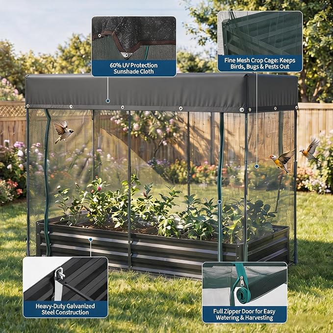 6x3x1Ft Galvanized Raised Garden Bed Kit w/Self Watering Irrigation & Mesh Cover, Metal Bottomless Raised Planter Box for Veggies Herbs Flowers, Rustproof Elevated Garden Bed Backyard Patio Farm