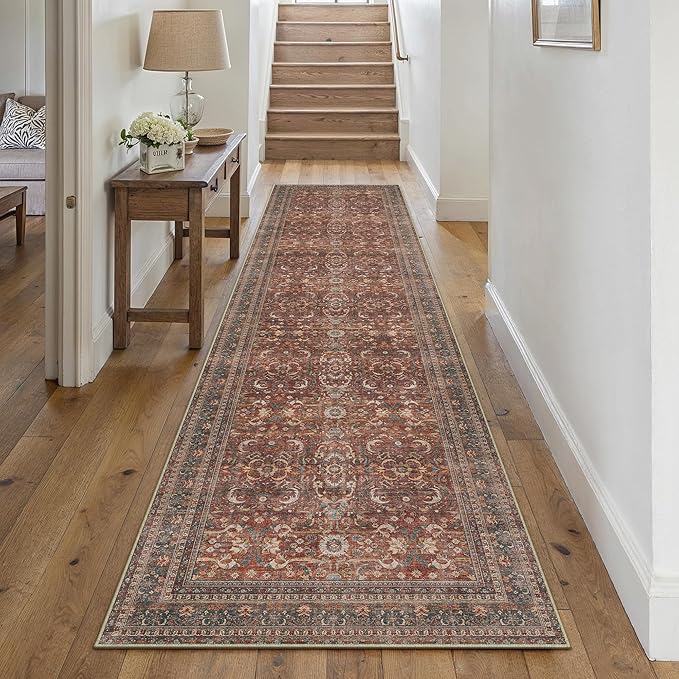 2x10 Brick Red Vintage Distressed Washable Runner Rug for Hallway | Low Pile, Non Slip, Retro Style, Soft Distressed Long Hallway Runner for Kitchen, Entryway, Laundry, Bedroom, Home Decor