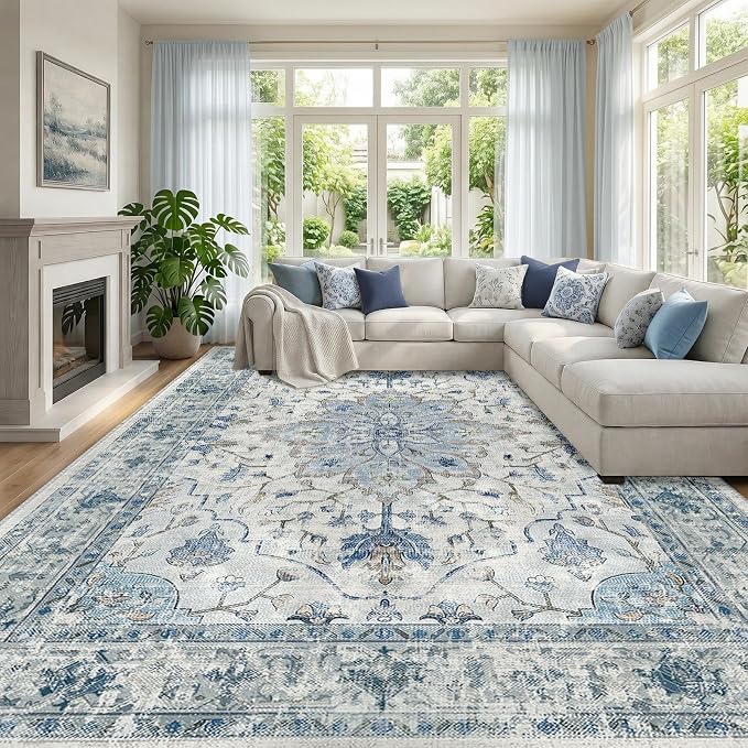 RELEANY Washable Area Rug, Large 10'x14', Blue/White/Gray | Non-Slip, Water Repellent, Pet Friendly, Easy to Clean, Vintage Floral Boho Decor for Living Room Bedroom Dining Room