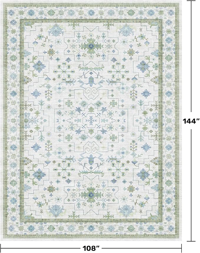 Green Area Rugs 9x12 Living Room - Washable Oriental Geometric, Extra Large for Bedroom Non Slip Soft Faux Wool Carpet for Dining Room Playroom, Lounge - Blue and Green Floral Rug