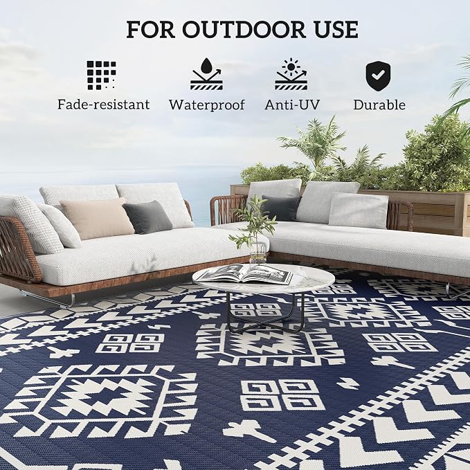 Outsunny Outdoor Rug for Patio, 9' x 18' Waterproof Large Mat, Reversible Plastic Straw Rug for Decor, Portable Outside RV Camping Area Carpet Mat for Backyard Porch Deck Picnic, Blue & White Rhombus