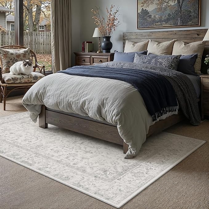 6x9 Grey Neutral Living Room Area Rug | Washable, Low Pile, Accent, Vintage, Soft, Non Slip, Carpet for Bedroom Dining Room Nursery Office Indoor Home Decor