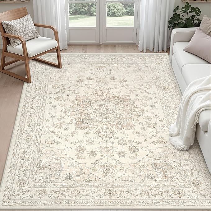 6x9 Area Rugs Living Room: Bedroom Washable Carpet Beige White | Vintage Boho Soft Small Indoor Decor Floor Non-Slip Low Pile Neutral Farmhouse Entryway Laundry Bathroom Bedroom Beside Rugs