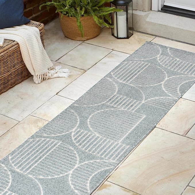 JONATHAN Y Nordby High-Low Arch Striped Light Blue/Cream Indoor/Outdoor Runner Rug, 2x8, for Patio, Backyard, Living Room, Bedroom, Office, Hose-Washable (SCN104F-28)