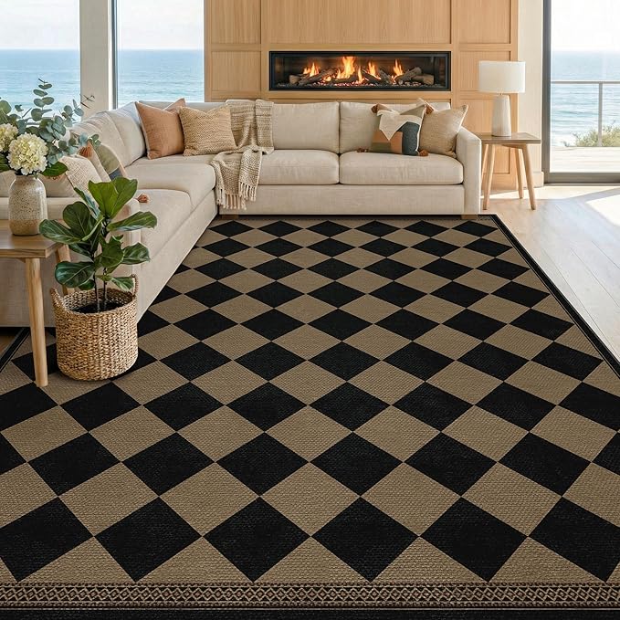 Easy Jute Checkerboard 8x10 Indoor Outdoor Area Rugs for Living Room Patio, Large Washable Non-Slip Checkered Outdoor Rug, Boho Diamond Geometric Pattern Black and Brown Bedroom Dining Room Carpet