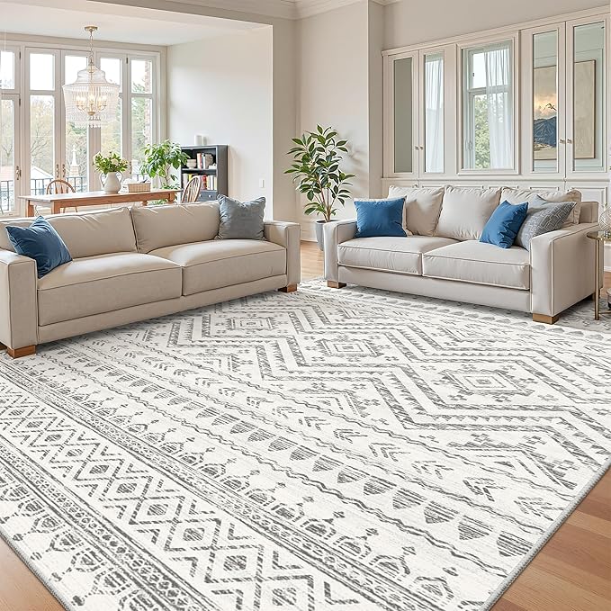 Miukiki 8x10 Area Rug for Living Room, Washable Soft Non Slip Rug Grey | Large Indoor Rug for Kitchen Bedroom Dining Room Office, Low Pile Soft Floor Carpet with Vintage Pattern 7'x10'