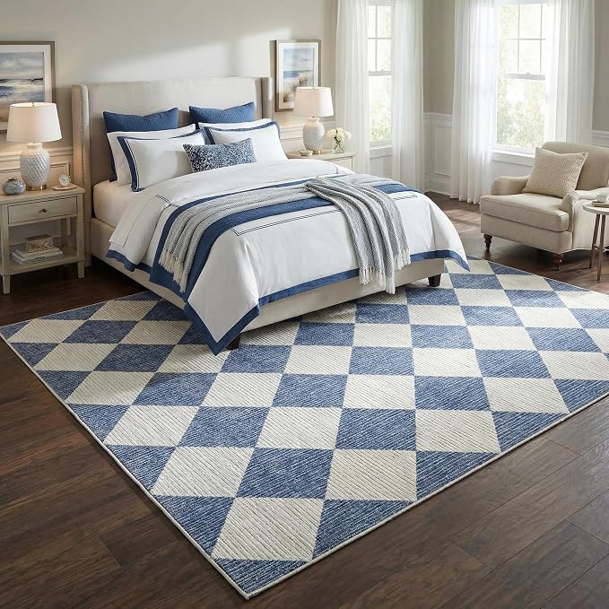 GarveeHome Navy Blue Area Rugs 8x10 Living Room Checkered Washable Rug | Large Soft Non Slip Backing Floor Mat Carpet Indoor Thin Rug for Bedroom Dining Room Playroom Nursery Home Decor