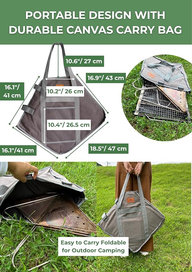 CAMPINGMOON 3 in1 Flatpack Portable Fire Pit Grill 16 inch Heavy Duty Stainless Steel Wood Burning Camping Stove Adjustable Height Backyard Outdoor Cooking RV Trips Carry Bag included MT-055