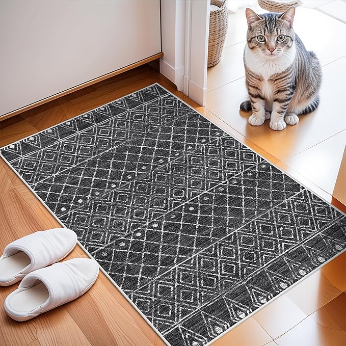 2x3 Entryway Small Area Rug: Washable Moroccan Geometric Door Mat Black | Non Slip Low-Pile Kitchen Runner for Bedroom Laundry Room - Small Soft Ultra Thin Scatter Carpet for Boho Chic Decor