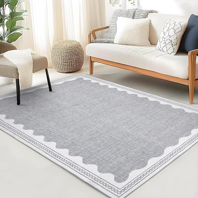 3x5 Scalloped Area Rugs Grey Washable Entryway Bedroom Rug | Solid Tan Rug for Bedroom Girls, Non Slip Throw Carpet With Rubber Back, Soft Dorm Nursery Scalloped Rugs for Dining Room