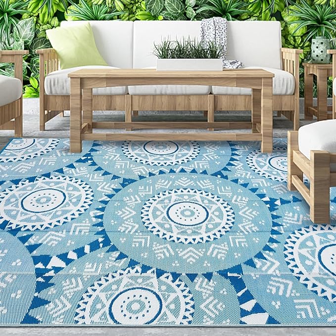 Alfolo Patio Rugs Outdoor 8x10 Waterproof Plastic Straw Reversible Outdoor Rugs for Deck,Backyard,RV Camping,Poolside, Stain & UV Resistant Fade Proof Portable Boho Blue & White Outdoor Mat