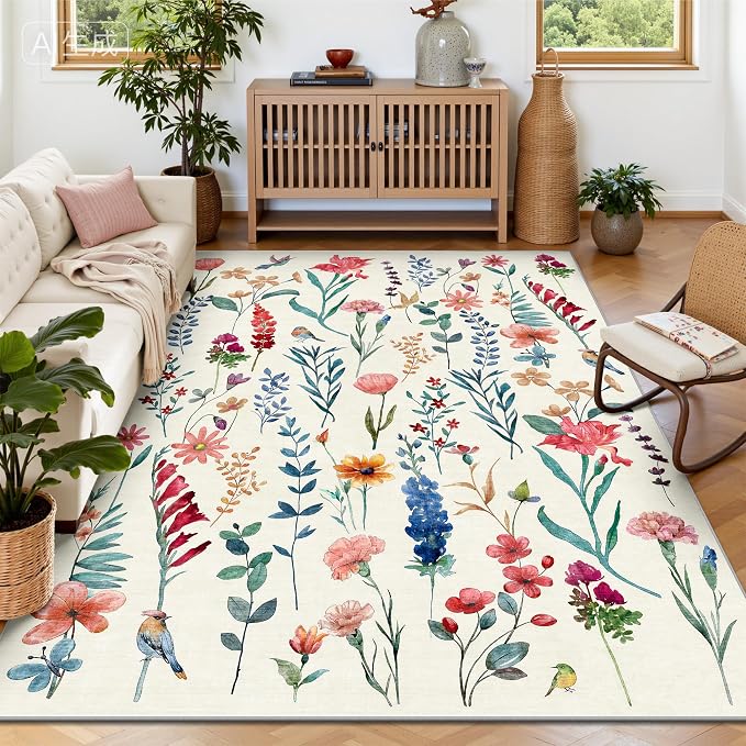 6x9 Area Rugs, Washable Floral Area Rugs for Living Room, Indoor Area Rug for Bedroom, Dining Room, Low Pile Non-Slip Non Shedding Rugs(Beige Floral)
