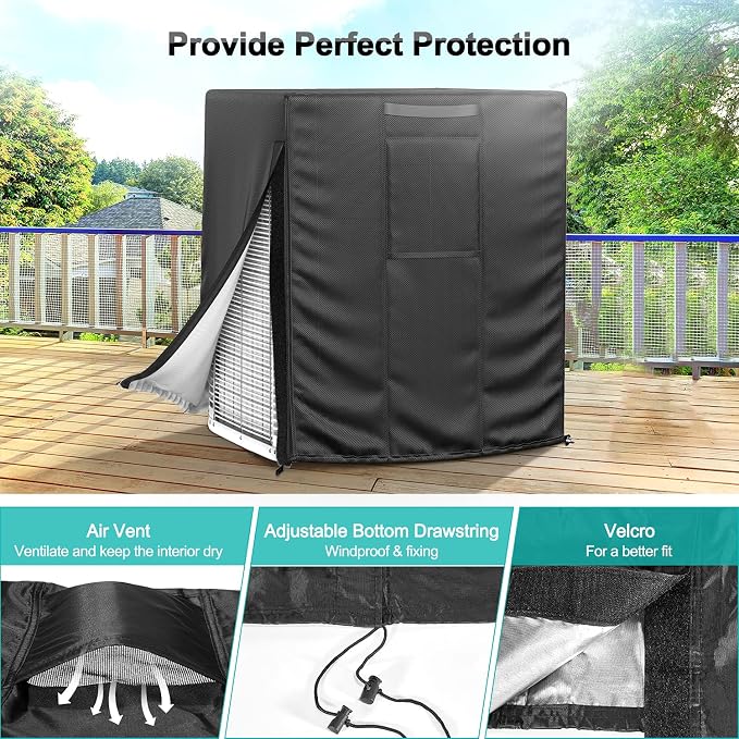 Central Large Air Conditioner Cover for Outside Units, Waterproof & Windproof Outdoor AC Units Cover Black (24"x24"x30" Inch)
