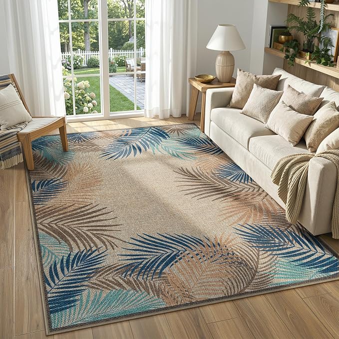 LIVEBOX Modern Easy Jute 5x7 Outdoor Rug, Washable Area Rugs for Living Room Patio Tropical Leaf Indoor Outdoor Rug, Boho Farmhouse Non Slip Carpet for Backyard Foyer Dining Room(Olive, 5'x7')