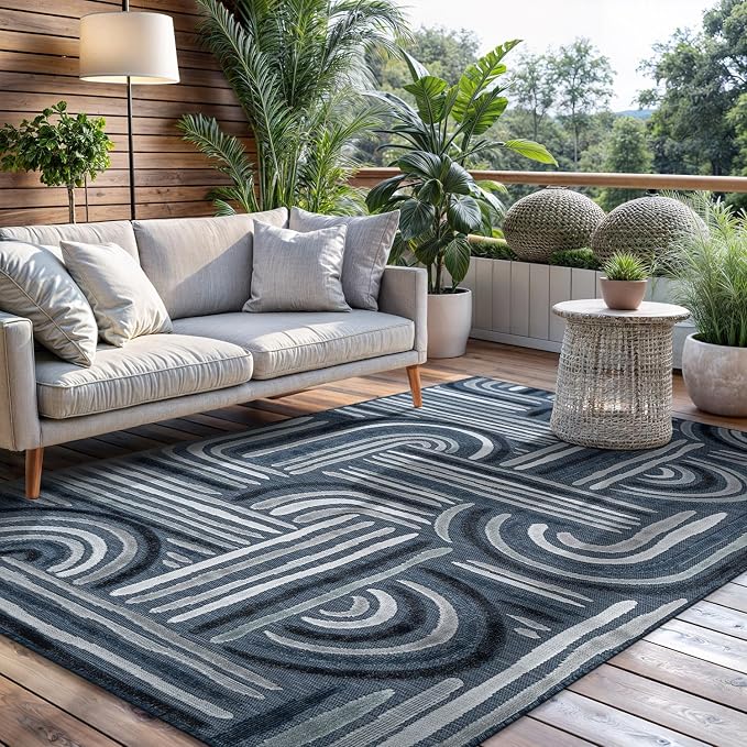 CAMILSON Indoor Outdoor Rug, Navy Blue 5x7 Geometric Arch Striped Area Rugs for Patio and Home Areas, Easy-Cleaning Non-Shedding Living Room, Garden and Deck Washable Outside Carpet (5 x 7)