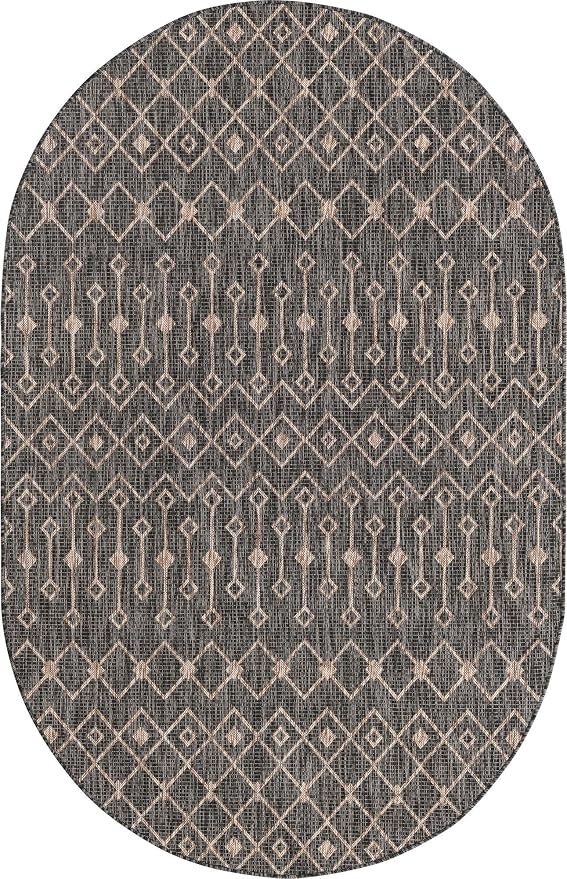 Unique Loom Outdoor Trellis Collection Area Rug - Tribal Trellis (5' 3" x 8' Oval, Charcoal Gray/ Natural)