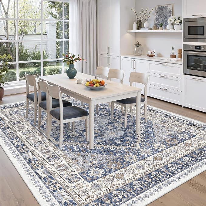 8x10 Area Rugs for Living Room,Large Washable Rug,Blue | Rugs for Bedroom,Dining Room,Office,Low Pile,Soft, Vintage Rug,Stain Resistant Indoor Carpet,Non Slip,Home Decor