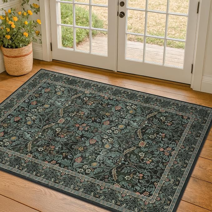 3x5 Washable Area Rugs for Entryway Indoor, Large Kitchen, Low Pile Rugs for Mudroom Bedroom Laundry Room Floor Mat Non Slip Stain Resistant, Dark Green Moody Carpet