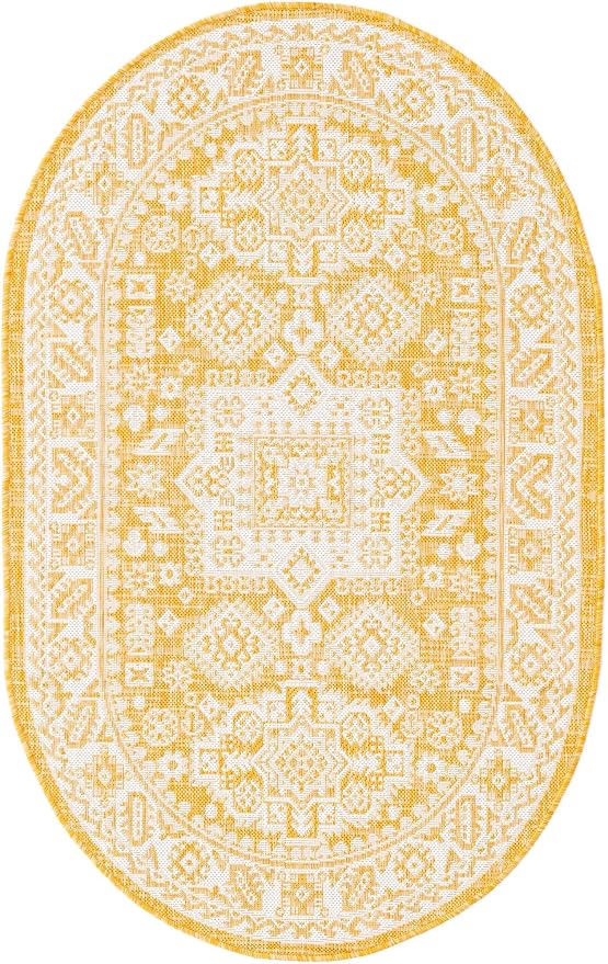 Unique Loom Outdoor Aztec Collection Area Rug - Chalca (3' 3" x 5' 3" Oval, Yellow/ Ivory)