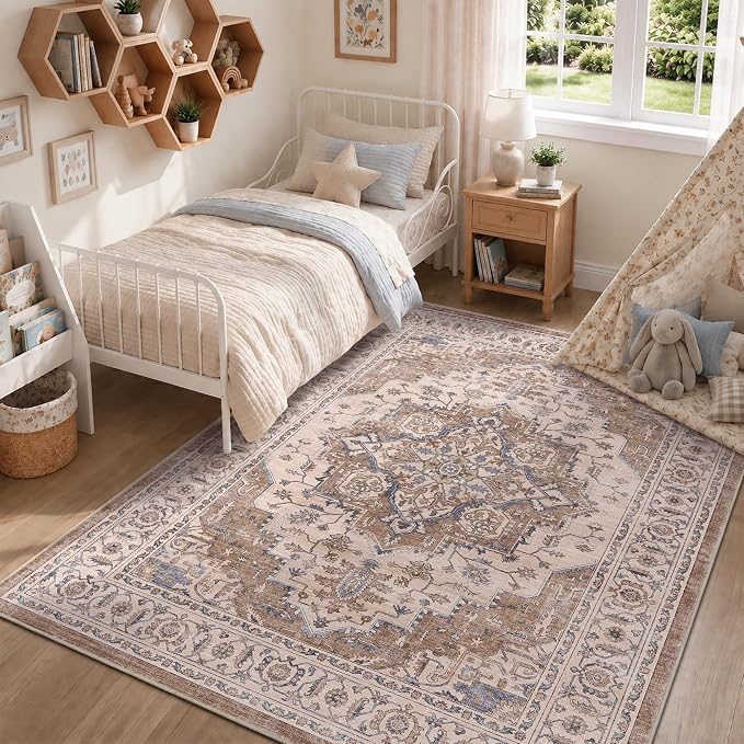 6x9 Area Rug for Living Room Soft Washable Vintage Area Rug | Non-Slip, Retro Print, Low Pile, Stain Resistant, Soft Washable Brown Carpet, for Bedroom, Dining Room, Nursery, Home Office