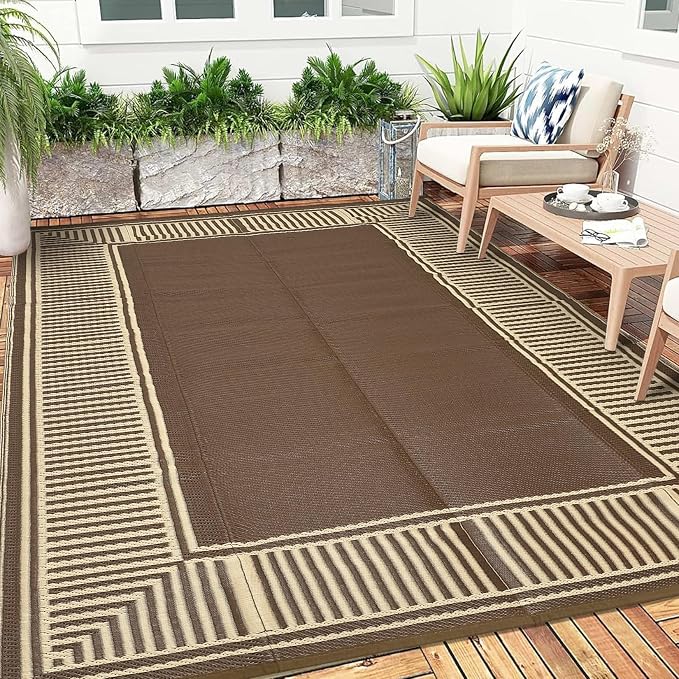Garvee 8x10 Outdoor Rug Waterproof Plastic Straw Rug Outdoor Patio Rugs Reversible Mat Easy Clean Foldable Lightweight Large Area Rugs for Patio Porch Backyard Camping RV Beach Balcony Border Brown