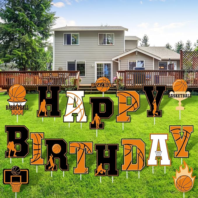Menkxi 18 Pcs Happy Birthday Yard Signs with Stakes Decorations Themed Party Decorations Ball Birthday Outdoor Lawn Signs for Outdoor Sport Party Supplies(Basketball)