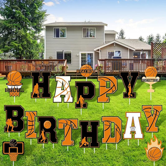 Menkxi 18 Pcs Happy Birthday Yard Signs with Stakes Decorations Themed Party Decorations Ball Birthday Outdoor Lawn Signs for Outdoor Sport Party Supplies(Basketball)