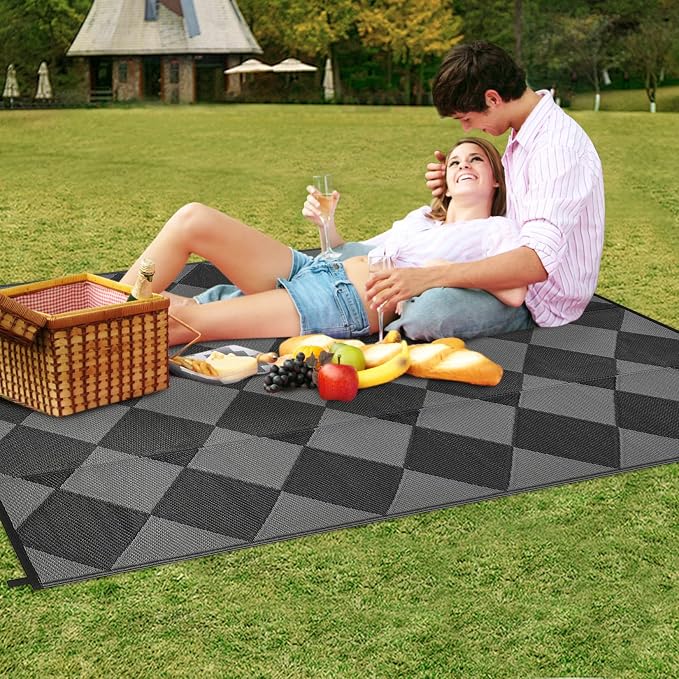 Garvee 9x12 Outdoor Rug for Patio Plastic Straw Rug Waterproof Reversible Mat Lightweight Foldable Carpet Easy Clean Large Rugs for Patio Porch Backyard Camping RV Beach Balcony Deck Checkered Black