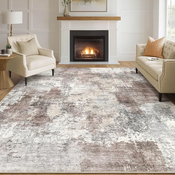 Tortania Washable 8x10 Area Rug for Living Room: Modern Abstract Neutral Large Soft Thin Rugs - Non Slip Indoor Carpet for Bedroom Dining Room Office Nursery Home Floor Decoration - Gray Brown