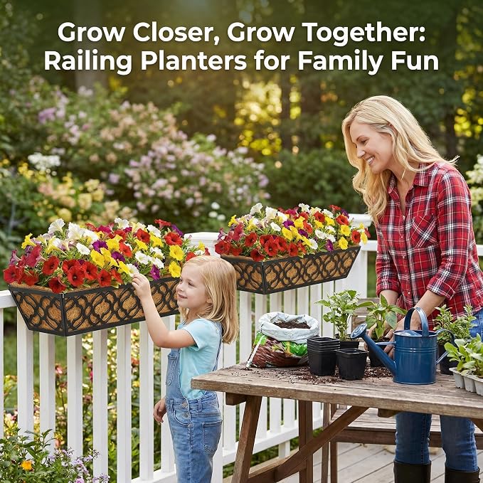 HFHOME 24 Inch Railing Planter Box with Coco Liner, 24" Window Boxes Horse Trough with Coconut Coir Liner, Black Metal Hanging Flower Planter Basket Railing Planter for Outdoor Indoor Lawn - 2 Pack