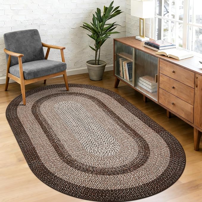 RUGSREAL 5x8 Oval Washable Rug Living Room Modern Border Bedroom Area Rugs | Non Slip Low Pile Dining Room Goemetric Oval Throw Carpet Contemporary Rugs for Living Room Kitchen Nursery, Brown