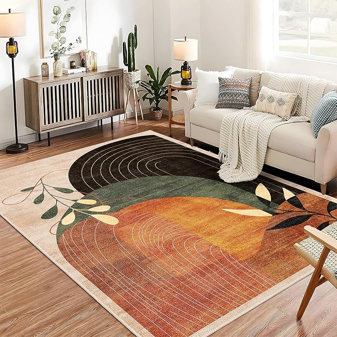 5x7 Area Rugs Washable Non Slip Mid Century Modern Terracotta | Machine Washable Large Throw Carpet for Living Room Bedroom Office Dining Room Indoor Boho Abstract Botanical Retro Rust