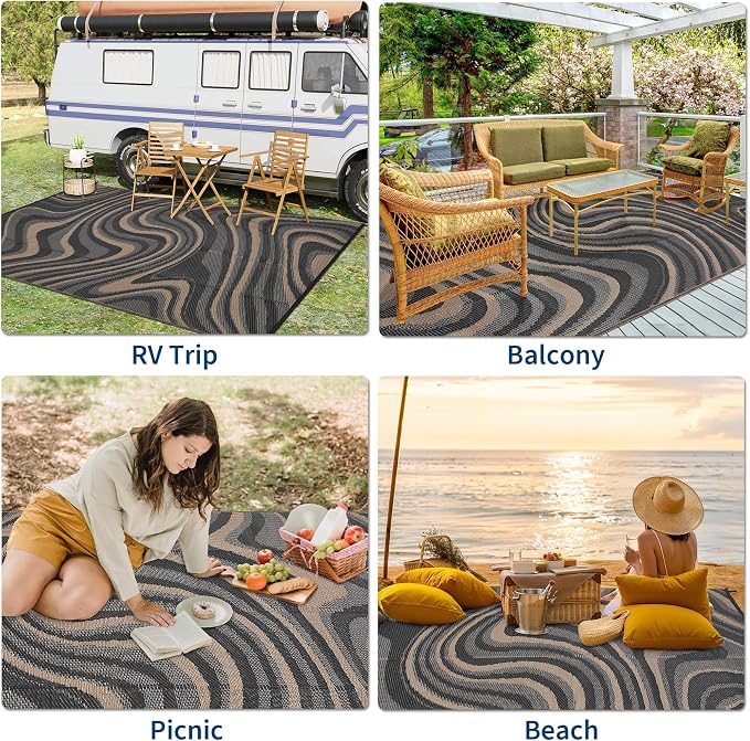 Garvee 10x14 Outdoor Waterproof Rug, Modern Foldable Lightweight Plastic Straw Rug with Portable Bag, Reversible UV Resistant Abstract Rug for Backyard, Picnic, Beach, RV, Porch, Black Coffee
