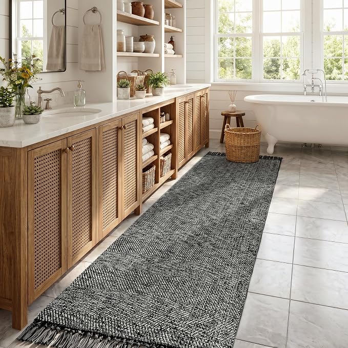 Rug Runners for Hallways, Boho Washable Kitchen Rugs | 2.6' x 10' Farmhouse Indoor Entry Hall Carpet, Black Modern Hand Woven Bathroom Runner Rug for Bedroom Entrance Porch Decor