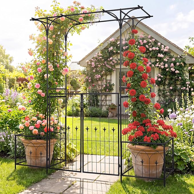 Giantex Garden Arbor with Gate and Planter, 79" W x 81" H Metal Arch Trellis with Double Doors, Outdoor Archway for Climbing Plants, Weddings, Backyard, Patio, Lawn, Ceremony Party Decoration