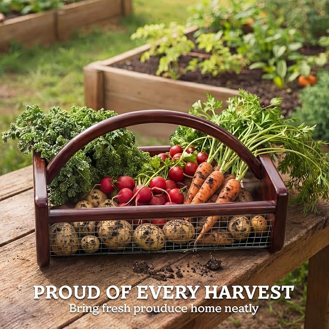 HOMESTEAD Garden Hod Harvest Basket, Durable Acacia Wood Frame with Rotating Handle, Farmhouse Basket for Home Improvement, Gardening, Farm, Kitchen, Indoor Outdoor Use, Brown