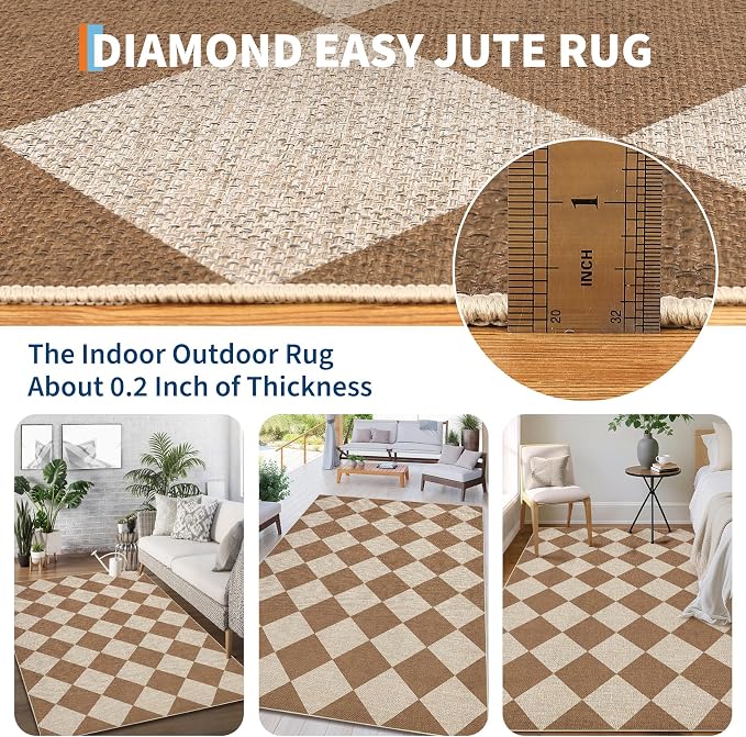 GarveeHome Checkered Easy Jute Area Rug 10x13 Machine Washable Non-Slip Stain Resistant Indoor Outdoor Rugs for Living Room, Bedroom, Kitchen, Dining, Patio Farmhouse Style Brown