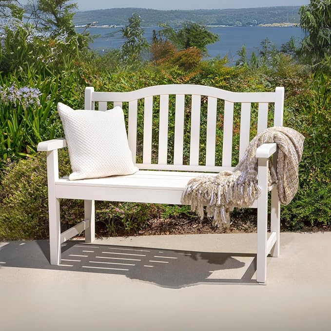 Shine Company Belfort Outdoor Solid Wood Patio Garden Bench, Ergonomic Seat, 22" D x 44.75" W x 36" H, Eggshell White