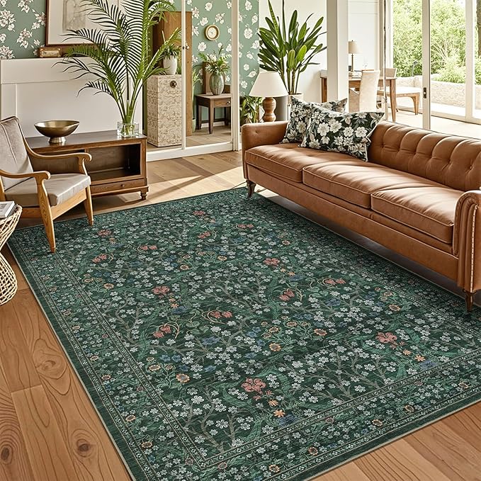 GarveeHome Floral Area Rugs 5x7, Washable Rug for Living Room, Bedroom, Low Pile Non Slip Stain Resistance Indoor Boho Carpet Mat for Farmhouse, Dining Room, Office, Dark Green