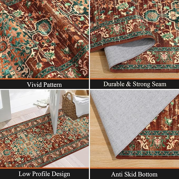 U'Artlines 2' x 8' Boho Hallway Runner Rug, Washable Carpet, Rust＆Teal | Non Slip, Vintage Farmhouse Accent Area Rug Carpet, for Kitchen Entryway Laundry and Living Room