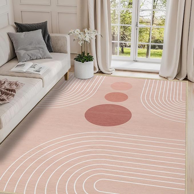 Boho Rug 3x5 Modern Geometric Minimalist Abstract Line Area Rug for Entryway Living Room Pink Mid Century Modern Machine Washable Non-Slip Printed Low-Pile Floor Carpet for Kitchen Bedroom Pink